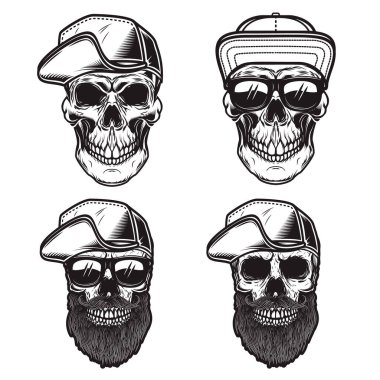 Beyzbol şapkası takmış tek renkli kafatası çizimleri. Logo, amblem, işaret, poster, kart, pankart için tasarım elemanı. Vektör illüstrasyonu