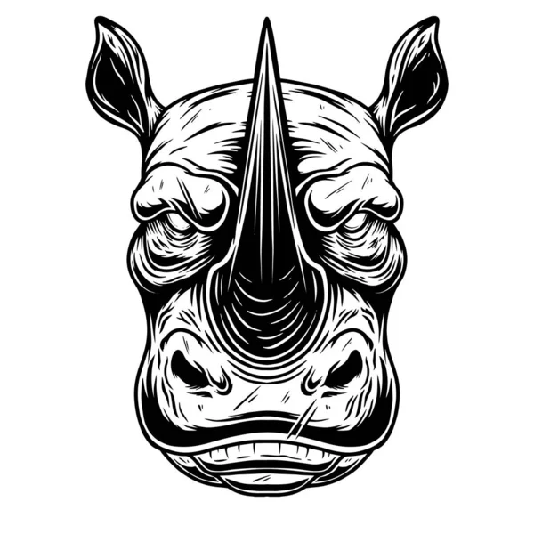 Klasik monokrom tarzında vahşi kızgın gergedanın resmedilmiş hali. Logo, amblem, işaret, poster, kart, pankart için tasarım elemanı. Vektör illüstrasyonu