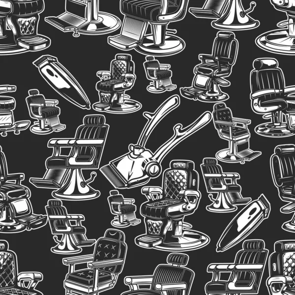 Berber dükkanı tasarım elementleriyle tek renk tarzında kusursuz desen. Poster, kart ve afiş için tasarım elemanı. Vektör illüstrasyonu