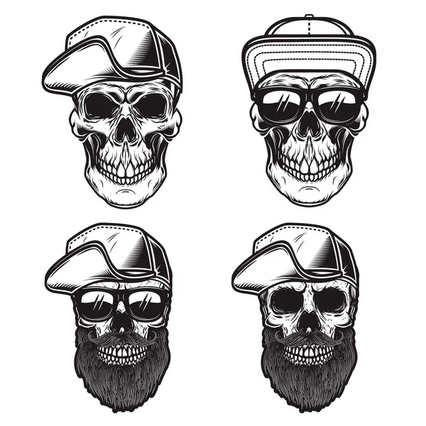 Beyzbol şapkası takmış tek renkli kafatası çizimleri. Logo, amblem, işaret, poster, kart, pankart için tasarım elemanı. Vektör illüstrasyonu