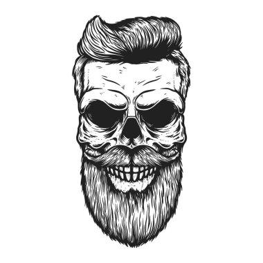 Modern saç stiline sahip sakallı kafatası. Poster tasarımı, berber dükkanı dekorasyonu. Vektör illüstrasyonu