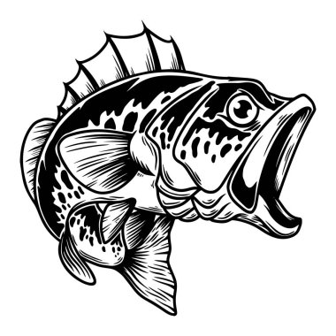 Levrek balığı tasviri. Büyük levrek. Balık tutmak. Logo, amblem, işaret, poster, kart, pankart için tasarım elemanı. Vektör illüstrasyonu