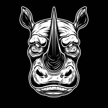 Klasik monokrom tarzında vahşi kızgın gergedanın resmedilmiş hali. Logo, amblem, işaret, poster, kart, pankart için tasarım elemanı. Vektör illüstrasyonu