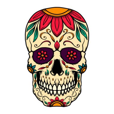 Meksika şeker kafatası tasviri. Logo, amblem, işaret, poster, kart, pankart için tasarım elemanı. Vektör illüstrasyonu