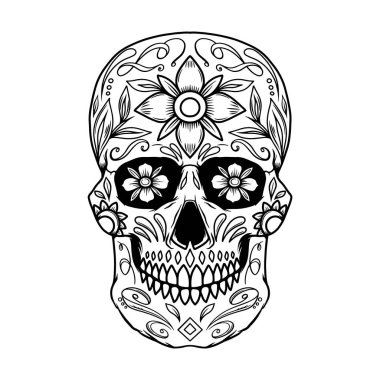 Meksika şeker kafatası tasviri. Logo, amblem, işaret, poster, kart, pankart için tasarım elemanı. Vektör illüstrasyonu
