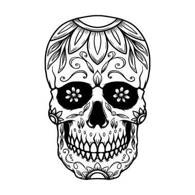 Meksika şeker kafatası tasviri. Logo, amblem, işaret, poster, kart, pankart için tasarım elemanı. Vektör illüstrasyonu