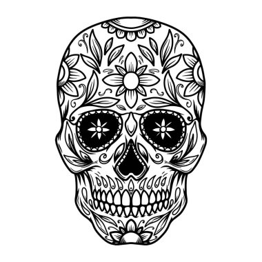 Meksika şeker kafatası tasviri. Logo, amblem, işaret, poster, kart, pankart için tasarım elemanı. Vektör illüstrasyonu