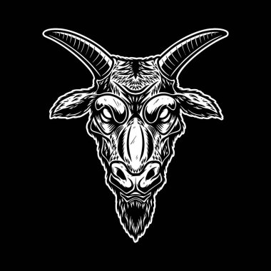 Klasik monokrom tarzında keçi kafası tasviri. Logo, amblem, işaret, poster, kart, pankart için tasarım elemanı. Vektör illüstrasyonu