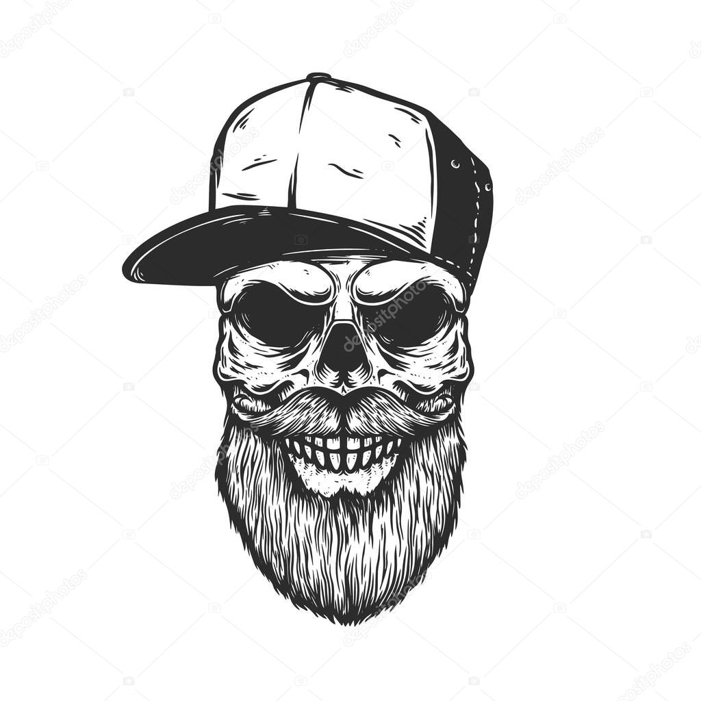 Illustration of bearded skull in baseball cap in engraving style. Design element for logo, emblem, sign, poster, card, banner. Vector illustration