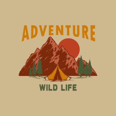 Macera. Vahşi hayat. Harflerle çizilmiş dağ resimleri. Poster, kart, pankart ve tişört için tasarım elemanı. Vektör illüstrasyonu