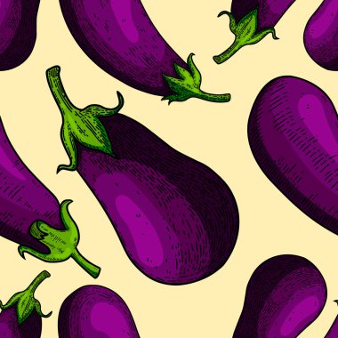 Patlıcanla kusursuz desen. Poster, kart ve afiş için tasarım elemanı. Vektör illüstrasyonu