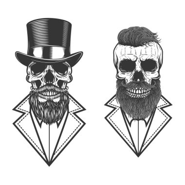 Klasik monokrom tarzında sakallı hippi kafatası seti. Logo, amblem, işaret, poster, kart, pankart için tasarım elemanı. Vektör illüstrasyonu