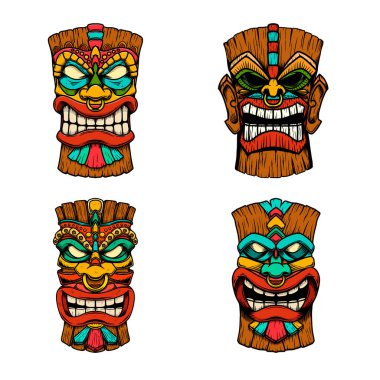 Set of Illustrations of Tiki tribal wooden mask. Design element for logo, emblem, sign, poster, card, banner. Vector illustration clipart