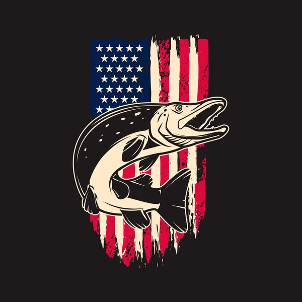 Illusztráció Csuka Hal Háttér Usa Zászló Grunge Stílusban Tervezési Elem — Stock Vector