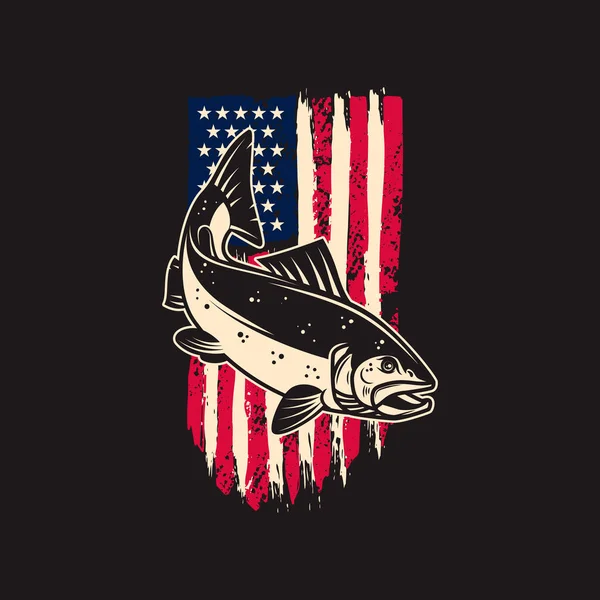 Illustration Von Lachsfischen Hintergrund Der Flagge Grunge Stil Gestaltungselement Für — Stockvektor
