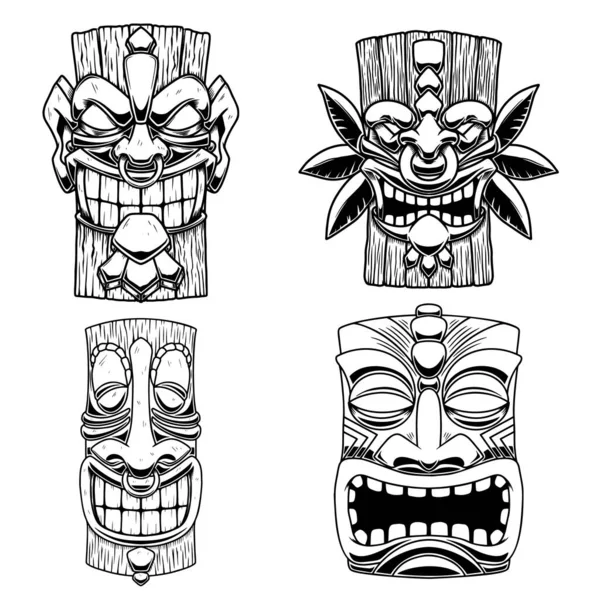 Conjunto Ilustraciones Máscara Tribal Madera Tiki Elemento Diseño Para Logotipo — Vector de stock
