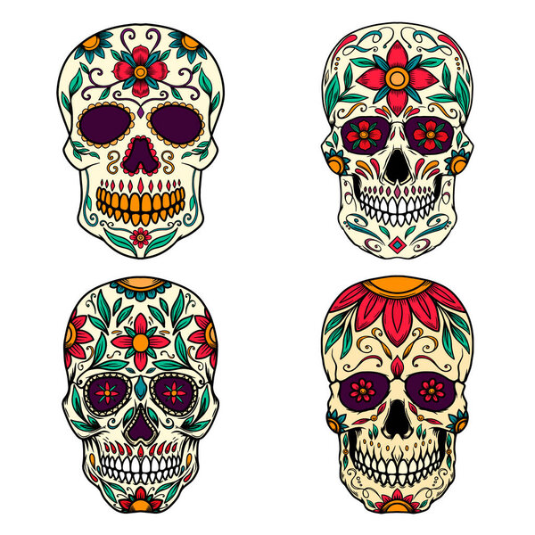 Set of Illustration of mexican sugar skull. Design element for logo, emblem, sign, poster, card, banner. Vector illustration