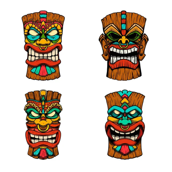 ティキ族の木製マスクのイラストのセット エンブレム サイン ポスター カード バナーのデザイン要素 ベクターイラスト — ストックベクタ
