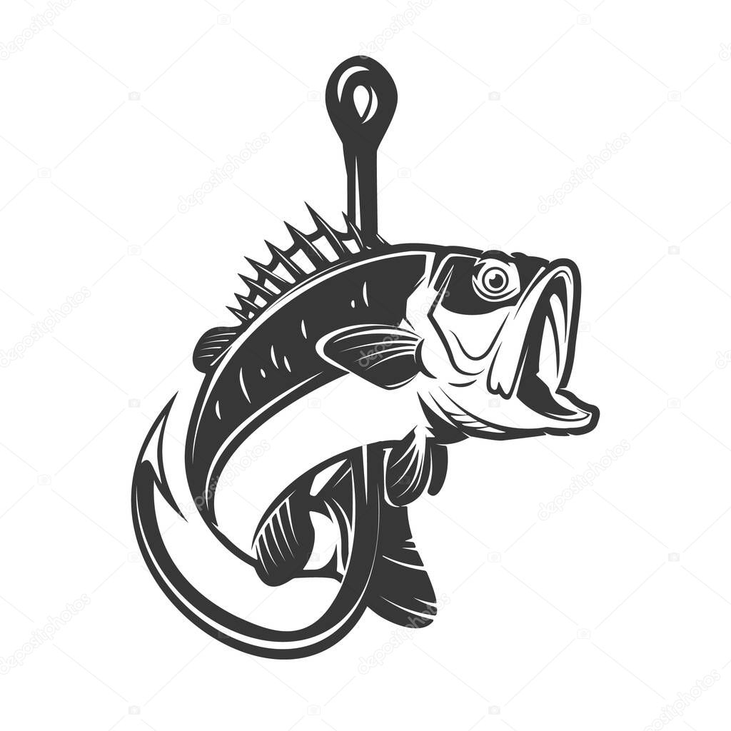 Illustration of bass and fishing hook. Design element for poster,card, banner, sign, emblem. Vector illustration