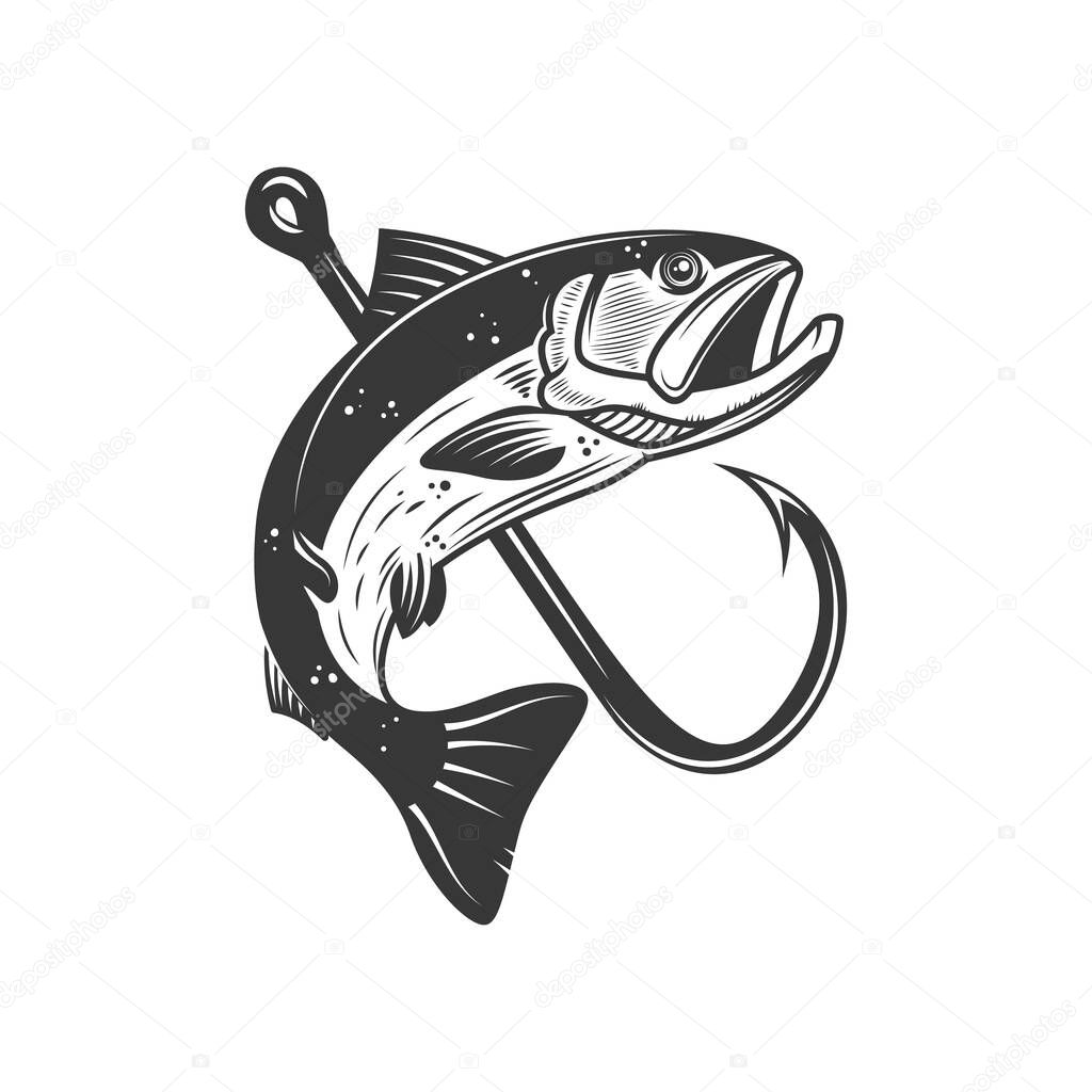 Illustration of salmon and fishing hook. Design element for poster,card, banner, sign, emblem. Vector illustration