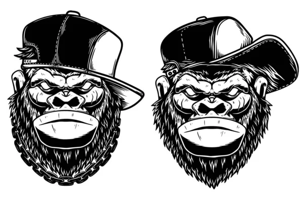 Set Illustrations Head Angry Gorilla Baseball Cap Sunglasses Vintage Monochrome — Stock Vector