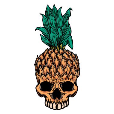 Ananas kafatası tasviri. Logo, etiket, işaret, poster, kart için tasarım ögesi. Vektör illüstrasyonu