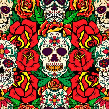 Şekerkafalar ve güllerle kusursuz bir desen. Poster, kart, pankart ve tişört için tasarım elemanı. Vektör illüstrasyonu