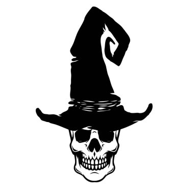 Korkunç cadı kafatası tasviri. Poster, kart, pankart, işaret, amblem için tasarım ögesi. Vektör illüstrasyonu