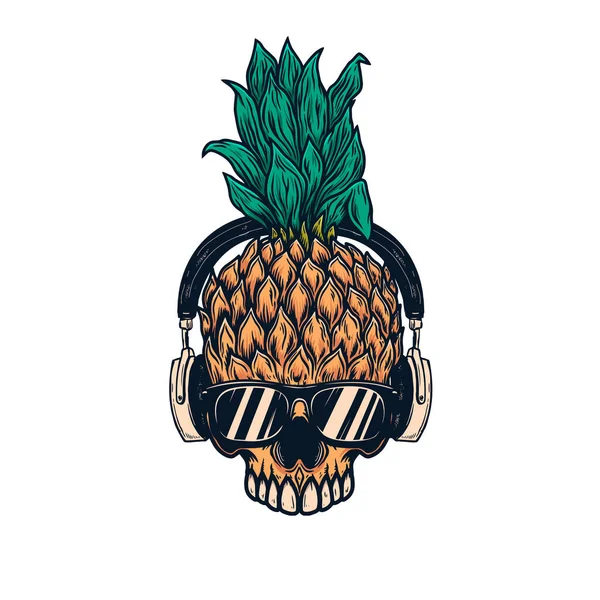 Illustration Crâne Ananas Avec Écouteurs Élément Design Pour Logo Étiquette — Image vectorielle
