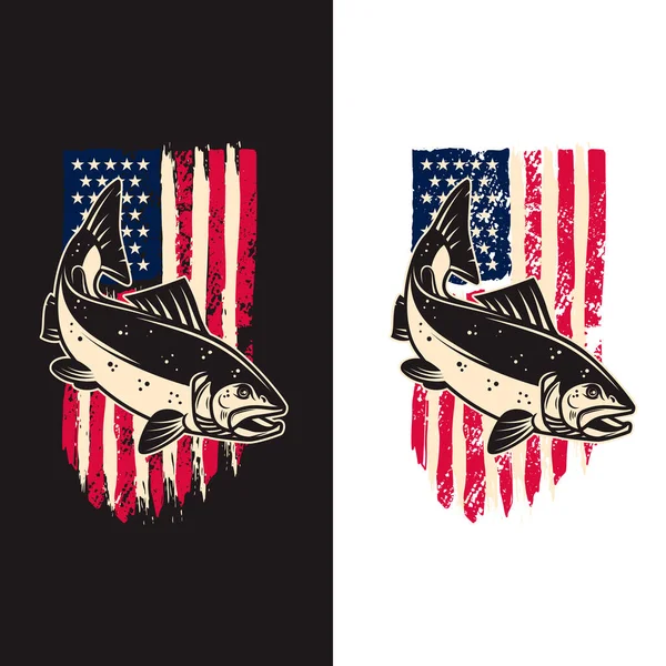 草旗を背景にした鮭のイラストをグランジスタイルで描きました ポスター カード バナー サイン エンブレムのデザイン要素 ベクターイラスト — ストックベクタ