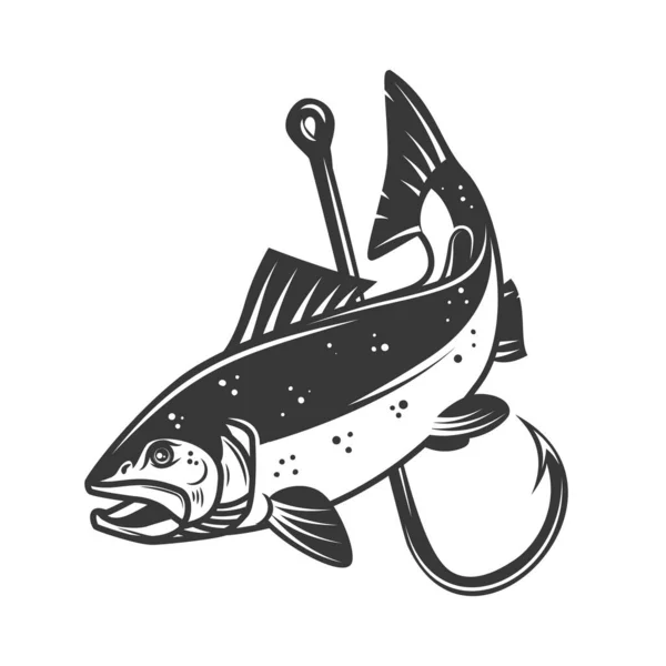 Somon Balığı Olta Iğnesi Tasviri Poster Kart Pankart Işaret Amblem — Stok Vektör