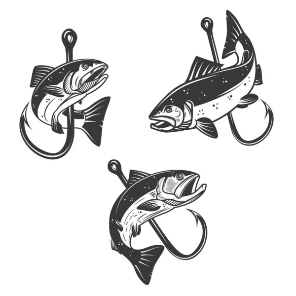 Somon Balığı Balık Oltası Çizimleri Poster Kart Pankart Işaret Amblem — Stok Vektör