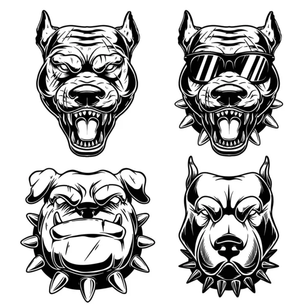 Sinirli Köpek Kafalarının Monokrom Tarzında Çizimleri Logo Amblem Işaret Poster — Stok Vektör