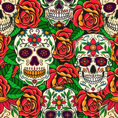 Şekerkafalar ve güllerle kusursuz bir desen. Poster, kart, pankart ve tişört için tasarım elemanı. Vektör illüstrasyonu