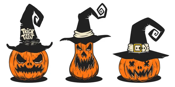 Ensemble Illustrations Citrouille Halloween Effrayant Dans Des Chapeaux Sorcière Élément — Image vectorielle