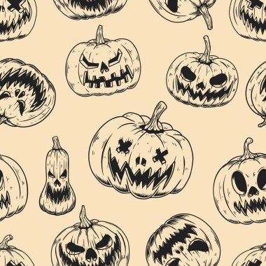 Korkunç cadılar bayramı balkabaklarıyla kusursuz desen. Poster, kart, pankart, işaret, amblem için tasarım ögesi. Vektör illüstrasyonu