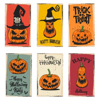 Balkabaklı Cadılar Bayramı pankartı seti. Poster, kart, pankart, menü için tasarım ögesi. Vektör illüstrasyonu