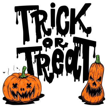 Cadılar bayramın kutlu olsun. Şeker mi şaka mı? Cadılar bayramı balkabaklı el ilanı. Poster, kart ve afiş için tasarım elemanı. Vektör illüstrasyonu