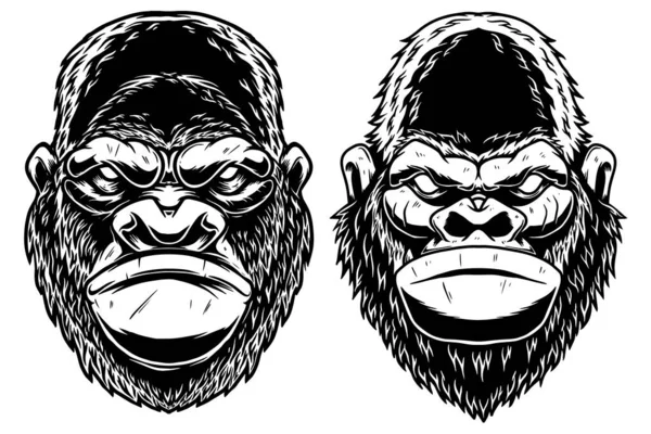 Набір Ілюстрацій Голови Мавпи Горили Старовинному Монохромному Стилі Елемент Дизайну — стоковий вектор