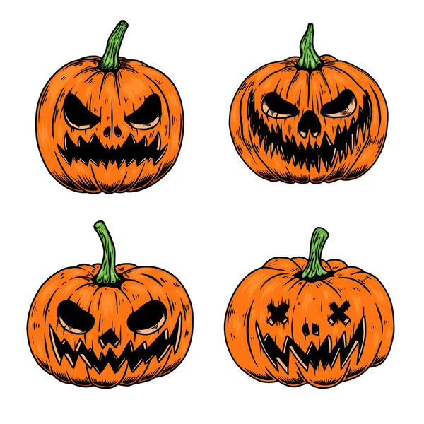 Set Illustrations Scary Halloween Pumpkin Design Element Poster Card Banner — Stock Vector
