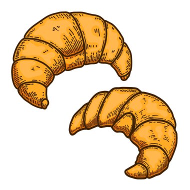 İşleme tarzında bir kruvasan seti. Logo, etiket, amblem, işaret, rozet tasarımı. Vektör illüstrasyonu