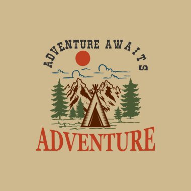 Macera. Vahşi hayat. Harflerle çizilmiş dağ resimleri. Poster, kart, pankart ve tişört için tasarım elemanı. Vektör illüstrasyonu