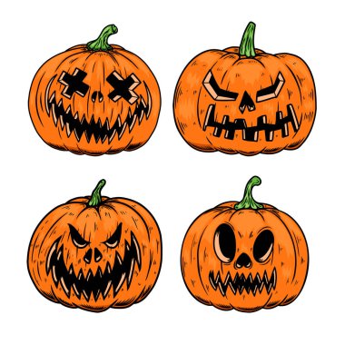 Korkunç cadılar bayramı balkabağı resimleri. Poster, kart, pankart, işaret, amblem için tasarım ögesi. Vektör illüstrasyonu