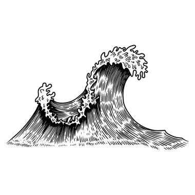 Illustration of sea waves in engraving style. Design element for poster, card, banner, menu. Vector illustration