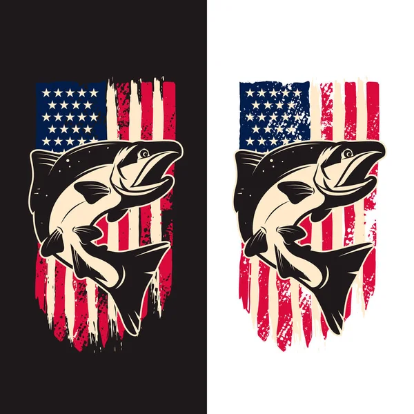 Illusztráció Lazac Hal Háttér Usa Zászló Grunge Stílusban Tervezési Elem — Stock Vector