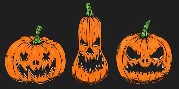 Set Illustrazioni Spaventosa Zucca Halloween Elemento Design Poster Card Banner — Vettoriale Stock