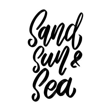 Kum güneşi ve deniz. Beyaz arka planda harf cümlesi. Poster, kart, pankart, imza için tasarım elemanı. Vektör illüstrasyonu