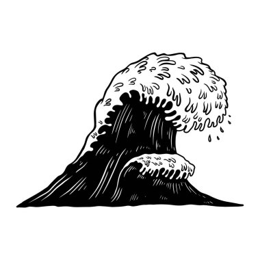 Illustration of sea waves in engraving style. Design element for poster, card, banner, menu. Vector illustration