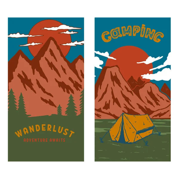 Set Campingflyers Met Bergen Design Element Voor Poster Kaart Banner — Stockvector