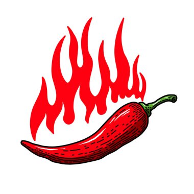 İşleme tarzında ateş alevi olan kırmızı biber çizimleri. Amblem, işaret, poster, kart, afiş, el ilanı için tasarım ögesi. Vektör illüstrasyonu